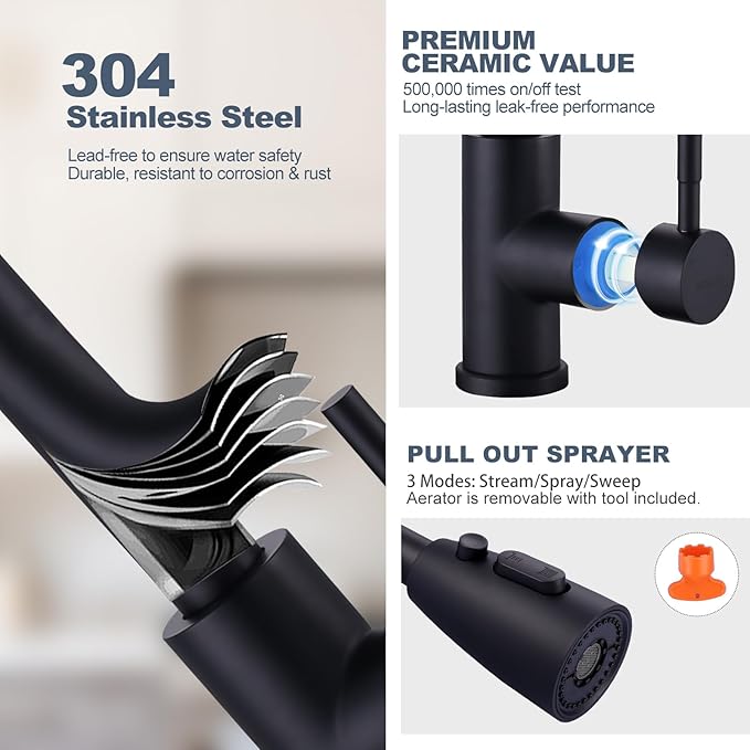 Black Kitchen Faucet and Water Filter Faucet Combo, WOWOW Stainless Steel Kitchen Sink Faucet with Drinking Water Faucet for Reverse Osmosis or Water Filtration System, Matte Black