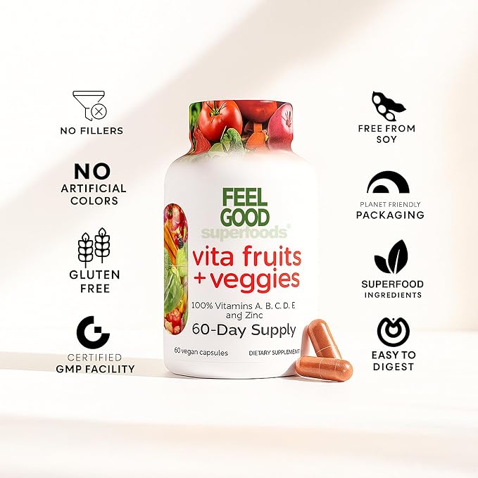 Vita Fruits and Veggies Capsules - 25 Superfood Ingredients, Fruit and Vegetable Multivitamin, 60 Count - For men and women - Vitamins A, C, D, E, B and Zinc