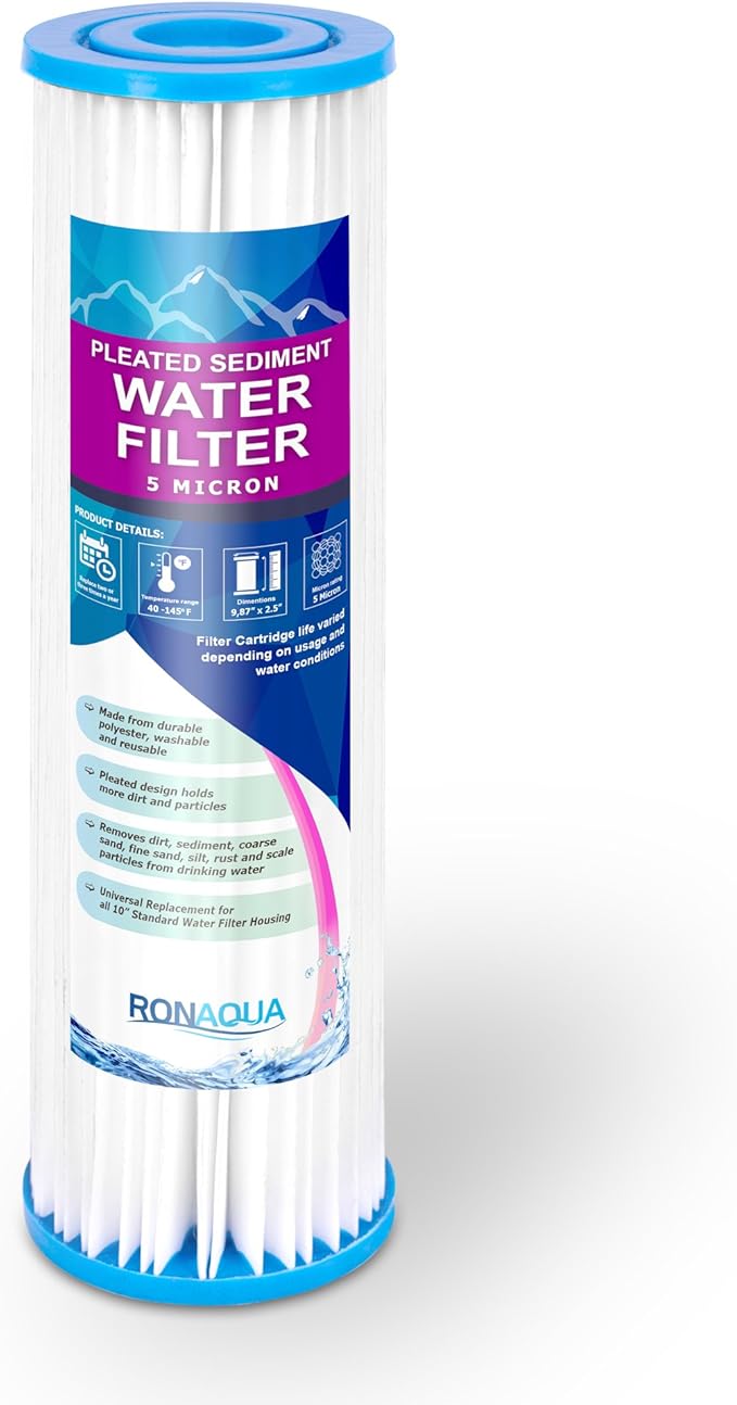Pleated Sediment Water Filter Cartridge 9.87”x 2.5” Amplified Surface Area, Removes Sand, Dirt, Rust, Extended Filter Life WELL-MATCHED with WHKF-WHPL, 801-50, WB-50W, WFPFC3002, SPC-25-1050