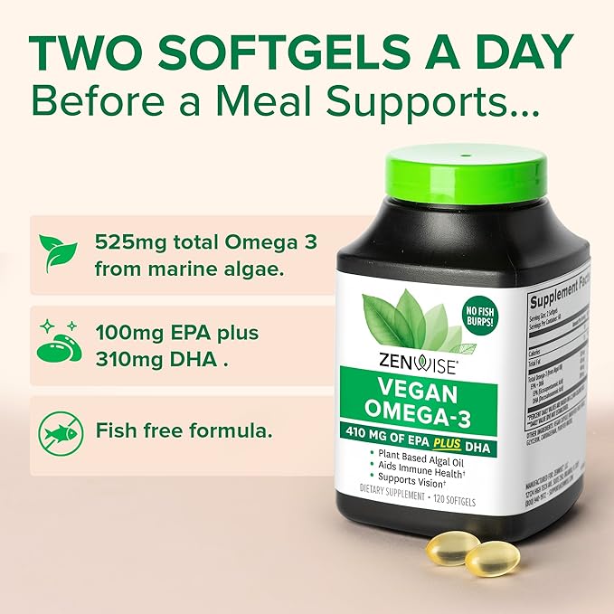 Zenwise Health Vegan Omega 3 Supplement - Burpless Omega 3 Supplement with DHA, EPA & DPA Fatty Acids for Immune Health - Fish Oil Alternative from Sustainably Sourced Marine Algae Oil - 120 Softgels