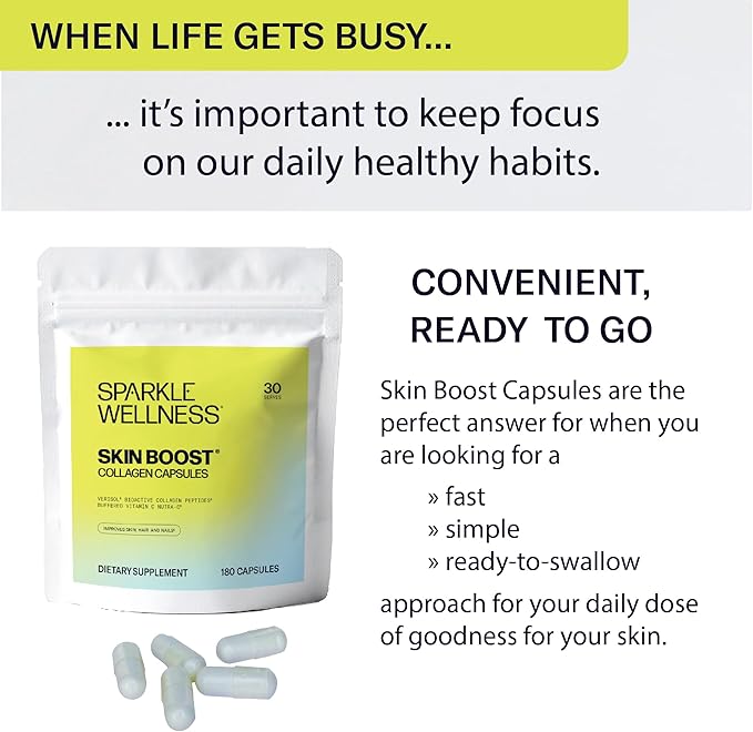 Sparkle Wellness Skin Boost Collagen Capsules (180 Pills) | 30 Days of 2500mg VERISOL Collagen Peptides & Vitamin C | Improves Skin Elasticity & Appearance of Fine Lines | Strengthens Hair & Nails