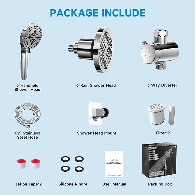 High Pressure Filtered Shower Head Combo with Handheld Spray, 6" Rain Shower Head & 5" Handheld Shower Head with Filters, 69" Stainless Steel Hose - Dual Shower Head Set for Bathroom Home