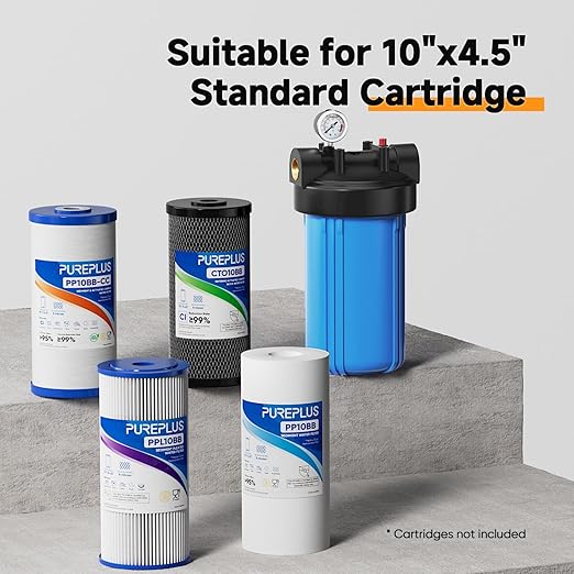 PUREPLUS Whole House Water Filter Housing, 10"x4.5" Sediment Cartridge Universal Housing, Pre-Filtration System, with Pressure Gauge, 1" NPT Port