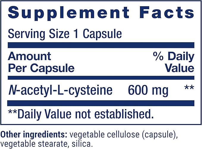 Life Extension N-Acetyl-L-Cysteine (NAC), Immune Response, Respiratory Health, Liver Health, NAC 600 mg, antioxidant Defense, Free radicals, Easy to Absorb, 60 Capsules