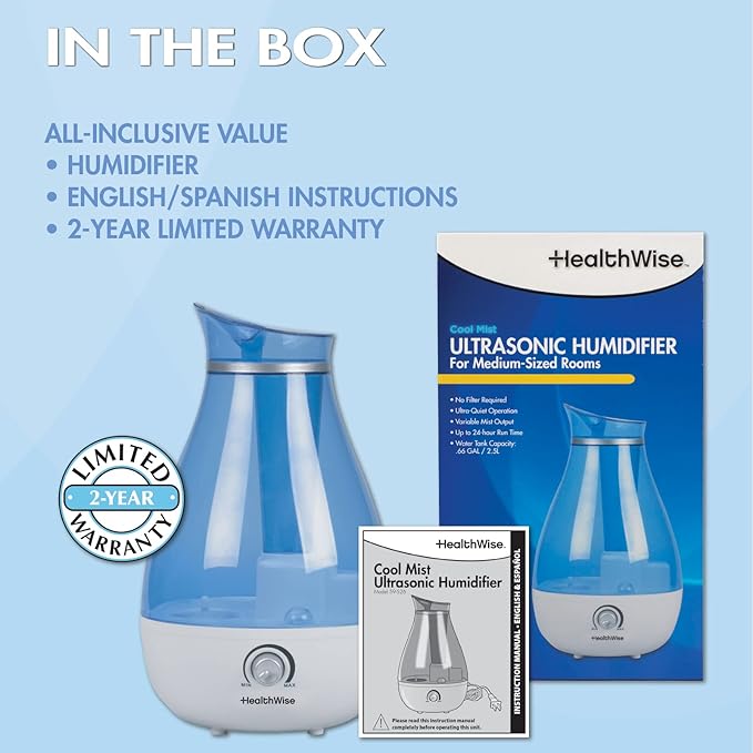 HealthWise Cool Mist Ultrasonic Humidifier | For Medium Size Rooms | No Filter Required | 24 Hour Run Time, Blue, 2.6L