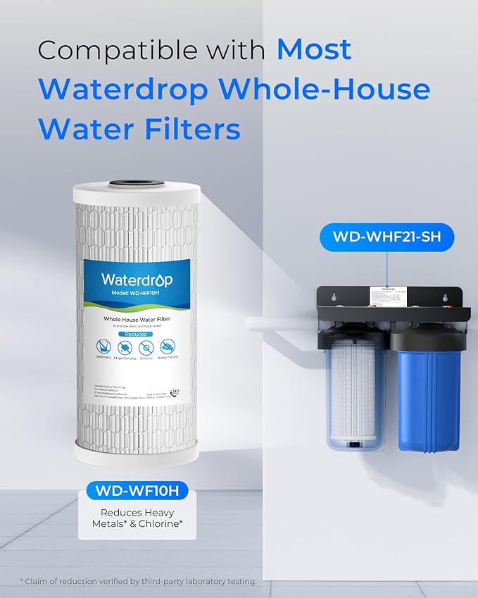 Waterdrop Whole House Water Filter, Sediment Filter Reduce Heavy Metal Filter Cartridge, Replacement for GE® FXHTC, GXWH40L, iSpring, Culligan® RFC-BBSA, Whirlpool®, Any 10" x 4.5" System, 5 Micron