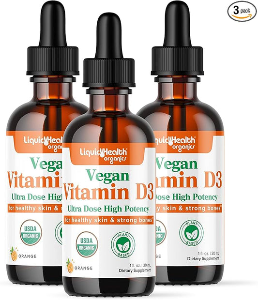 LIQUIDHEALTH Vitamin D3 5000 IU, USDA Organic Vitamin D Liquid Drops for Adults & Kids, Vegan Vitamin D for Immune System Support, Bone Health, Mood Support, Healthy Skin - Made in USA (3 Pack)
