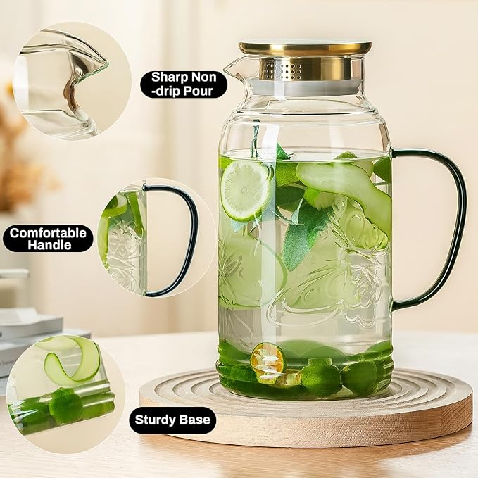 Glass Pitcher with Lid and Handle, 2 PACK 68 oz/2 Liter Vintage Butterfly Design Fridge Water Pitcher, Borosilicate Glass Water Carafe for Hot/Cold Water,Coffee,Iced Sun Tea,Heat Resistant