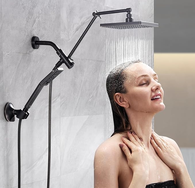 BRIGHT SHOWERS High Pressure Rain Shower Head Combo with Double Extension Arm, 8 Inch Rainfall Shower Head with Handheld Spray, Height Adjustable Dual Square Showerhead Set, Oil-Rubbed Bronze