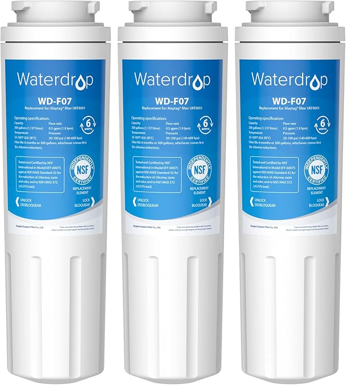 Waterdrop UKF8001 Refrigerator Water Filter 4, Replacement for Whirlpool® EDR4RXD1, EveryDrop® Filter 4, Maytag® UKF8001AXX-750, UKF8001AXX-200, 46-9006, Puriclean II, WD-F07, 3 Filters
