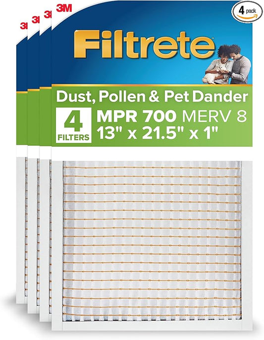Filtrete 13x21.5x1 AC Furnace Air Filter, MPR 700, MERV 8, Tough on Pollen, Easy on Airflow, 3-Month Pleated 1-Inch Electrostatic Air Cleaning Filter, 4-Pack (Actual Size 12.69 x 21.19 x 0.81 in)