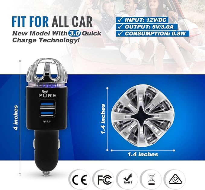 Car Air Purifier Premium Air Ionizer & Car Charger Accessory w Dual USB Ports Quick Charge 3.0 Eliminate Allergens Bad Odor Pet Smell Smoke Pollen Mold Bacteria Viruses PM2.5 & VOCs Deodorizer