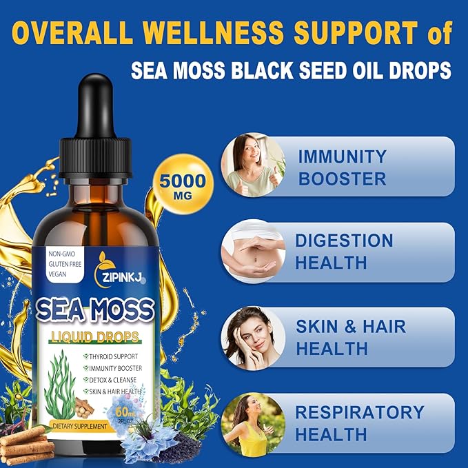 Sea Moss Drops, Irish Liquid Sea Moss Gel Supplement with Black Seed Oil, Shilajit, Elderberry, Burdock Root, Spirulina, Bladderwrack for Digestion Health, Non-GMO, 2 Fl Oz