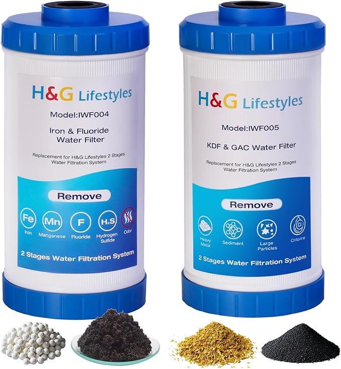 H&G Lifestyles Whole House Water Filter for Well Water,Reduce Iron Manganese Fluoride GAC KDF Water Filer Cartridge, Chlorine Odor Heavy Metal Lead, Replacement for Any 10" x 4.5" Water Filter System