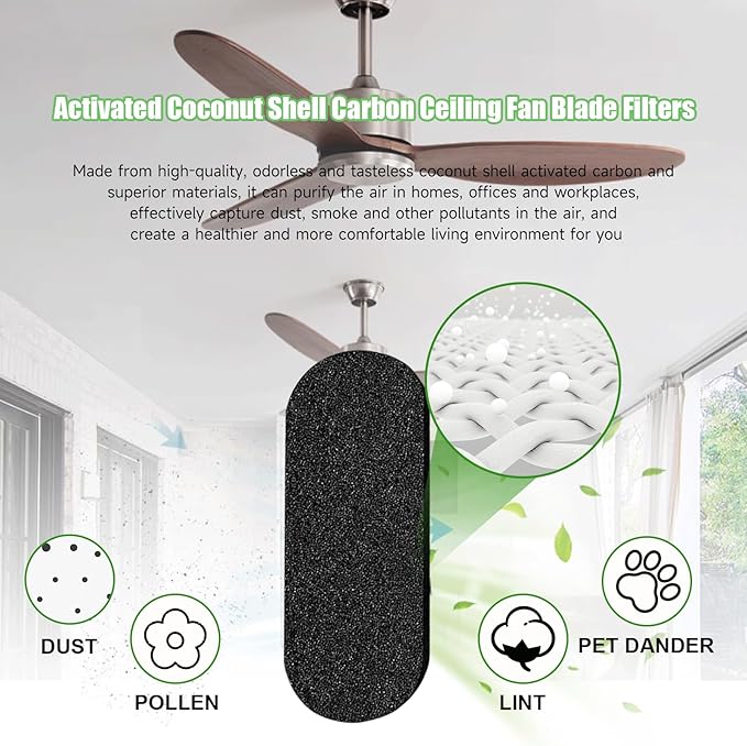 16 Pack Ceiling Fan Filter, Ceiling Fan Filters for Blades, Unscented Activated Coconut Shell Carbon Ceiling Fan Air Filter-Easy-Stick Ceiling Fan Air Filters, Universal Ceiling Fan Blade(5mm thick)