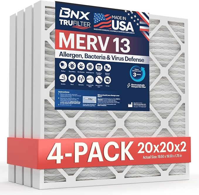 BNX TruFilter 20x20x2 Air Filter MERV 13 (4-Pack) - MADE IN USA - Electrostatic Pleated Air Conditioner HVAC AC Furnace Filters for Allergies, Pollen, Mold, Bacteria, Smoke, Allergen, MPR 1900 FPR 10