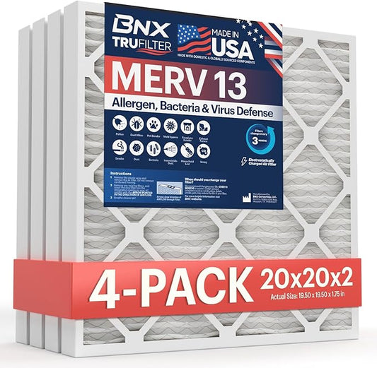 BNX TruFilter 20x20x2 Air Filter MERV 13 (4-Pack) - MADE IN USA - Electrostatic Pleated Air Conditioner HVAC AC Furnace Filters for Allergies, Pollen, Mold, Bacteria, Smoke, Allergen, MPR 1900 FPR 10