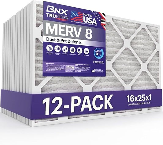 BNX TruFilter 16x25x1 Air Filter MERV 8 (12-Pack) - MADE IN USA – Dust & Pet Defense Electrostatic Pleated Air Conditioner HVAC AC Furnace Filters for Dust, Pet, Mold, Pollen MPR 600 – 700 & FPR 5