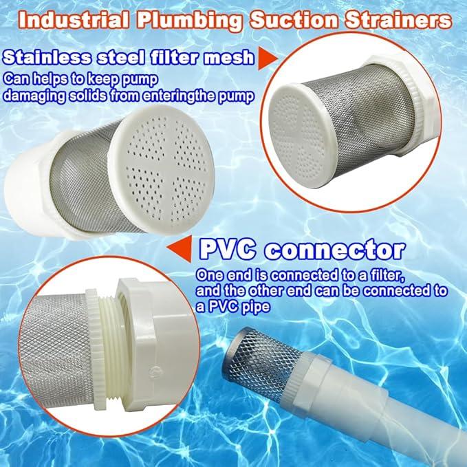 1.5 inch Stainless Steel Filter Cover Connected to 1.5 inch/DN40 PVC Water Pipe, Suction Strainers 360 Degree mesh Rapid Filtration Used to Remove Debris and Reduce Solid Entry