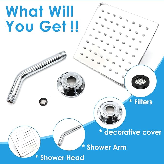 6 Inch Square Shower Head Stainless Steel High Pressure Rain Shower Heads with Extension Arm Adjustable Angle Replacement Luxury Shower Head for Modern Bathroom (Square, Chrome)