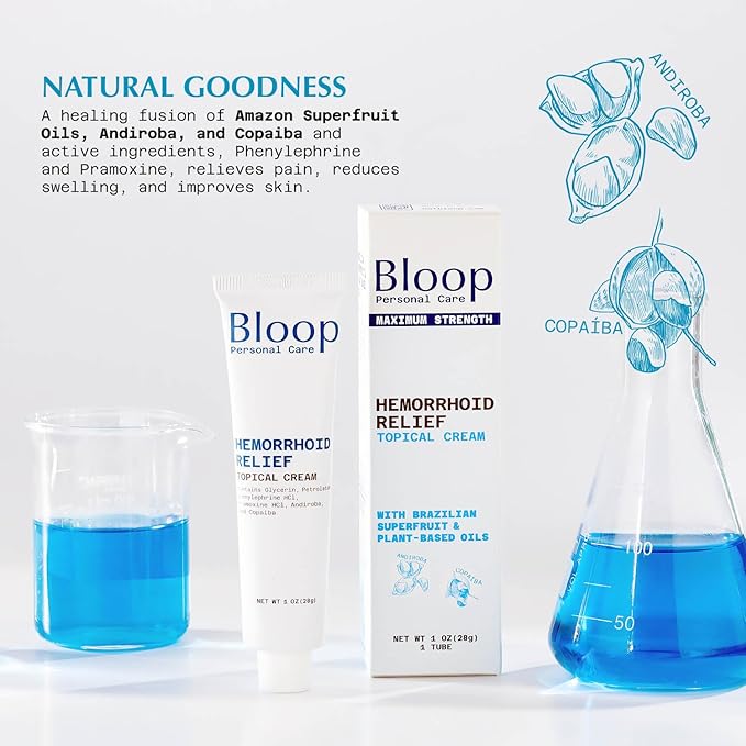 Bloop Hemorrhoid Relief Cream with Phenylephrine HCI & Pramoxine HCI, Andiroba/Copaiba Oils | Max. Strength for Pain & Inflammation (1oz)
