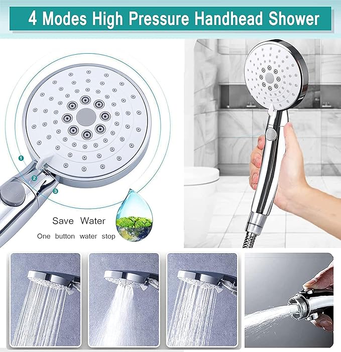 10 Inch Shower Head Combo, High Pressure Rainfall Shower Head with 4 Settings Handheld Spray and 11 Inch Brass Adjustable Extension Arm, 78'' Anti-leak Shower Hose, Chrome