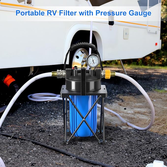 6-Layer RV Water Filter with Stand and Pressure Gauge, 3/4" GHT Metal Threads Inline Water Filter, Removes Sediments, Chlorine, VOCs, Heavy Metals, Bad Taste, Odor, and More