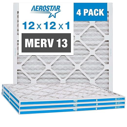 Aerostar 12x12x1 MERV 13 Air Filter, 4 Pack Set of HVAC Furnace Filters, Electrostatic MPR 1500-1900 & FPR 10 (Actual Size: 11 3/4 x 11 3/4 x 3/4 inches)