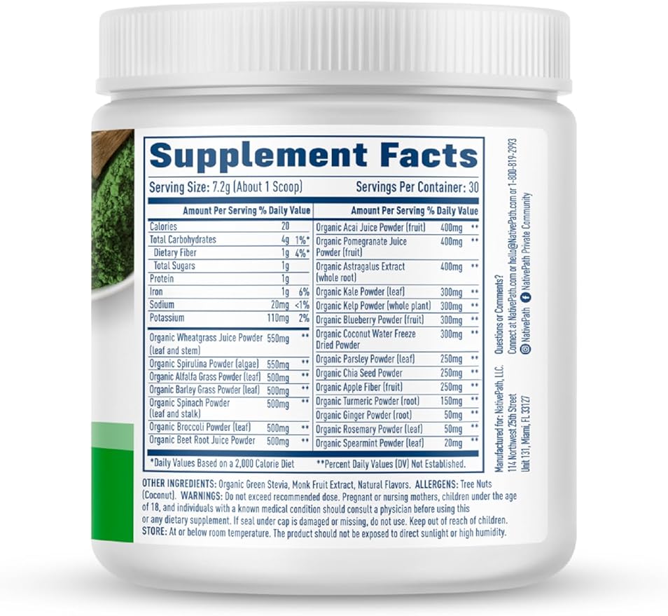 NativePath Native Greens Superfood Powder – Organic Greens, Spirulina, Beet Root Powder, Digestive Enzymes, Probiotics, Nightshade-Free, Naturally Sweetened, 30 Servings