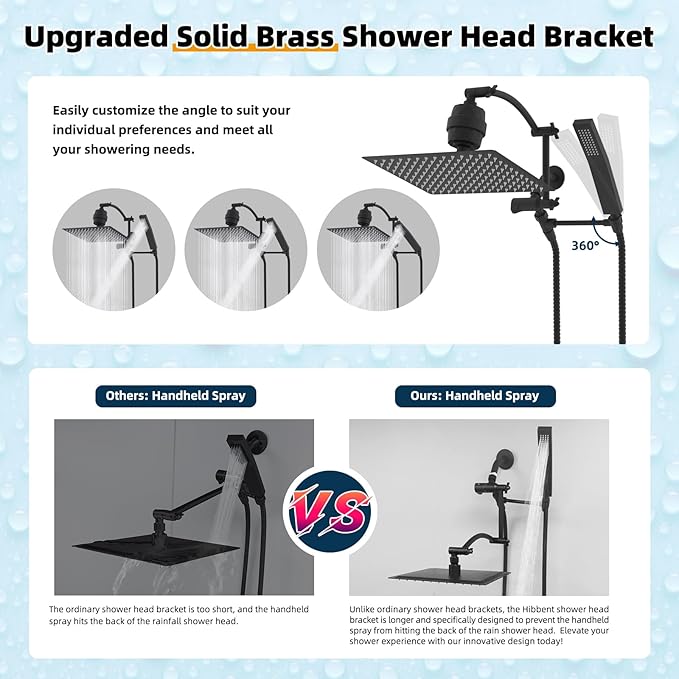 Hibbent All Metal 12'' Filtered Rainfall Shower Head with Handheld Combo, High Pressure Shower Wand, 16'' Adjustable Extension Arm, 20 Stage Shower Filter, 71'' Hose, Shower Holder, Matte Black