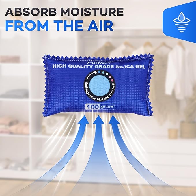 100g [ 6 Packs] Rechargeable Desiccant Packs for Storage, Color Indicating Silica Gel Desiccant Packets, Moisture absorbers for storage, Dehumidifier bag for Closets