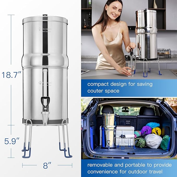 Gravity-fed Water Filter System, Reduces Lead and up to 99% of Chlorine, NSF/ANSI 42&372 Standard, with 2 Black Carbon Filters and Metal Water Level Spigot and Stand, 2.25G Countertop System