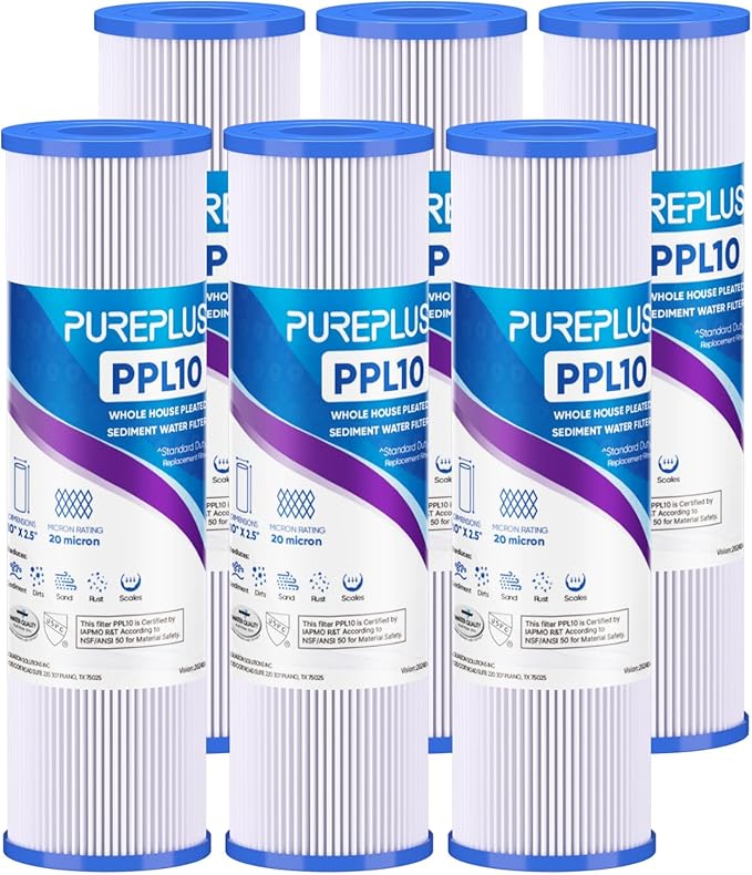 PUREPLUS 20 Micron 10"x2.5" Whole House Pleated Sediment Filter for Well Water, Replacement Cartridge for Universal 10 inch RO System, W50PE, WFPFC3002, SPC-25-1050, FM-50-975, 801-50, WB-50W, 6Pack
