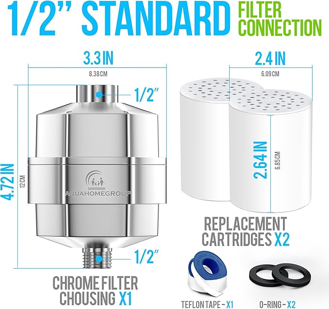 AquaHomeGroup 20 Stage Shower Filter for Hard Water - High Output Universal Shower Head Filter for Chlorine, Fluoride, Heavy Metals - Vitamin C E Shower Water Filter for Hair and Skin (Chrome)