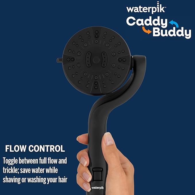 Waterpik Caddy Buddy Pivoting Hand Held Shower Head With 5-Foot Hose, 5-Mode with High Pressure Sprays, Matte Black, PHO-555E