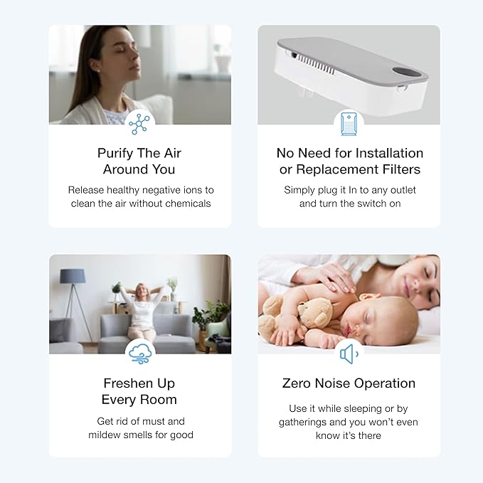 Ion Pure Plug In Air Purifier for Home | Negative Ion Technology for Allergen and Odor Reduction No Filter Compact, Quiet Operation Air Ionizers for Home Kitchen, Bedroom, Bathroom Air Purifiers