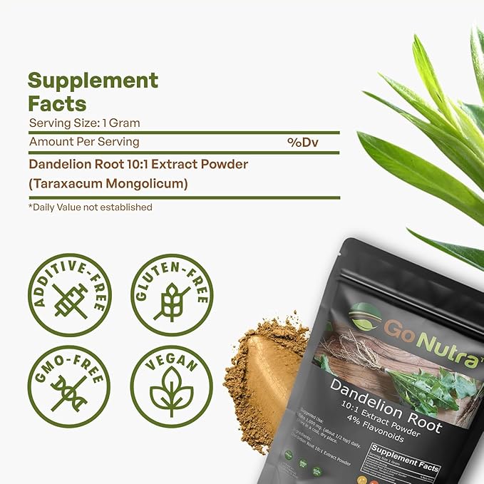 Go Nutra Dandelion Root Powder | Potent 10:1 Extract with 4% Flavonoids | Digestion & Immune Support | Rich With Antioxidants | Natural Powder for Tea, Coffee, & More | Non-GMO | Vegan-Friendly | 8 oz