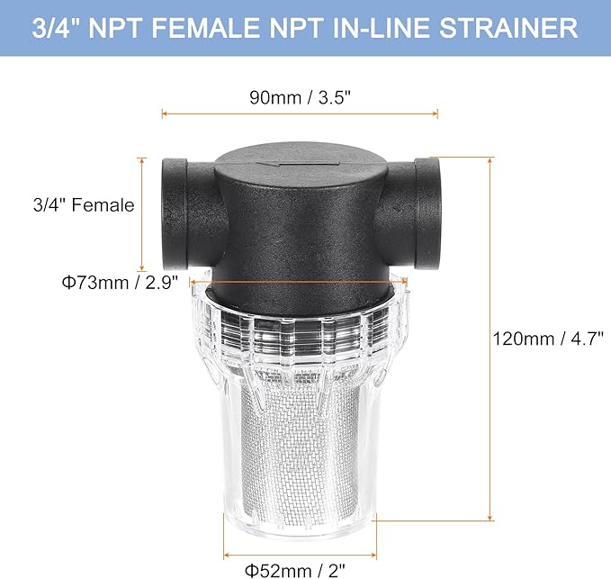 uxcell Pressure Washer Filter 3/4" NPT Female Thread, Inline Mesh Strainer Attachment, Stainless Steel Screen with Sealant Tape for Outdoor Gardening Inlet Water (Size:20 Mesh)