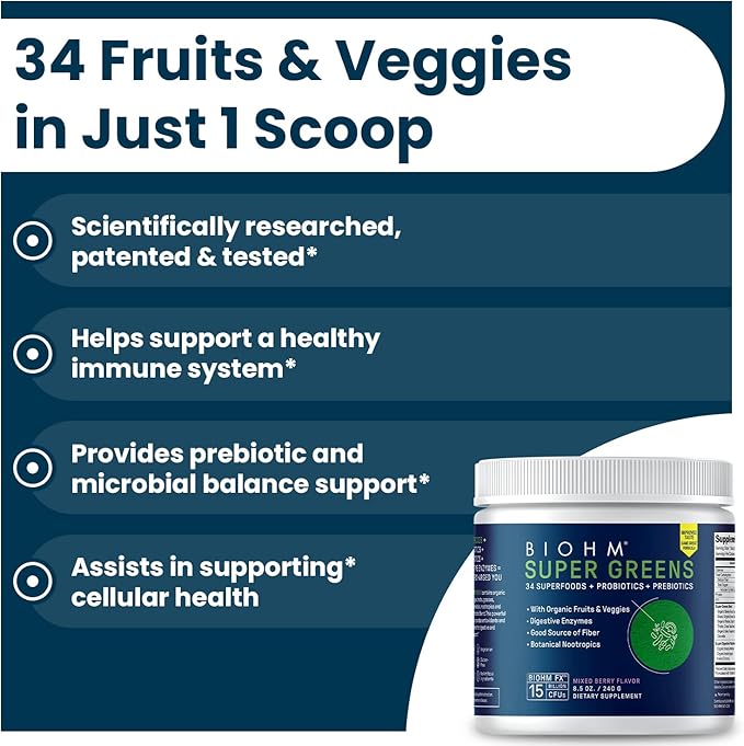 BIOHM Super Greens, Green Superfood Powder (8.5 Oz, 30 Servings) Antioxidant Veggie Powder & Smoothie Mix, 34 Superfoods & Spirulina, Digestive Enzymes, Prebiotics and Probiotics, Mixed Berry Flavor