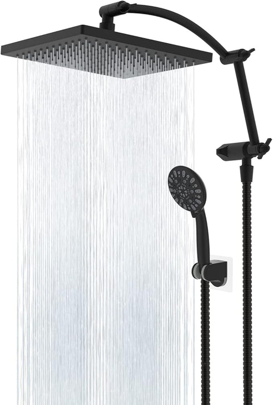 Hibbent Thickness 10'' Rain Shower Head, High Pressure Handheld Spray, Showerhead Combo with 16'' Adjustable Arc Shower Extension Arm, 7 Settings, 71'' Hose, Adhesive Shower Holder, Matte Black