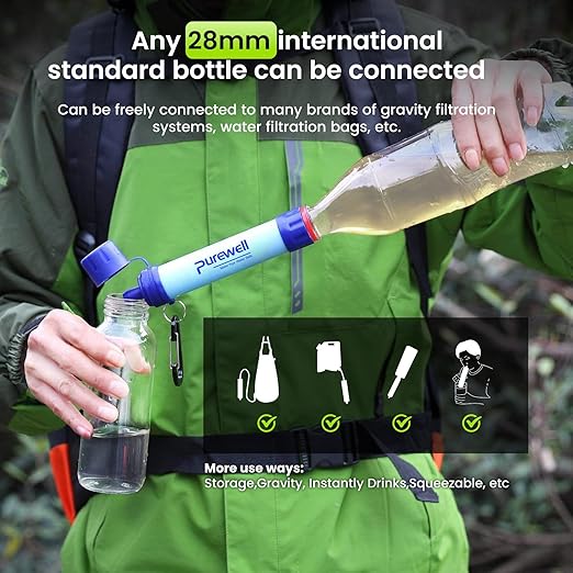 Purewell Outdoor Water Filter Personal Water Filtration Straw Emergency Survival Gear Water Purifier for Camping Hiking Climbing Backpacking