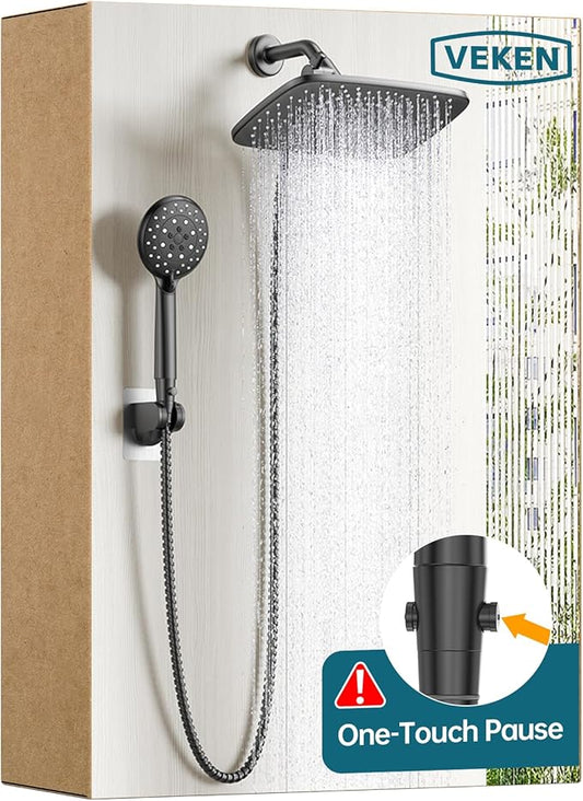 Veken 11.8 Inch Rain Shower Head with Handheld- High Pressure Dual Shower Heads with 5 Modes Handheld Spray Combo- Wide Rainfall Showerhead with Hose, Bathroom Accessories, Matte Black