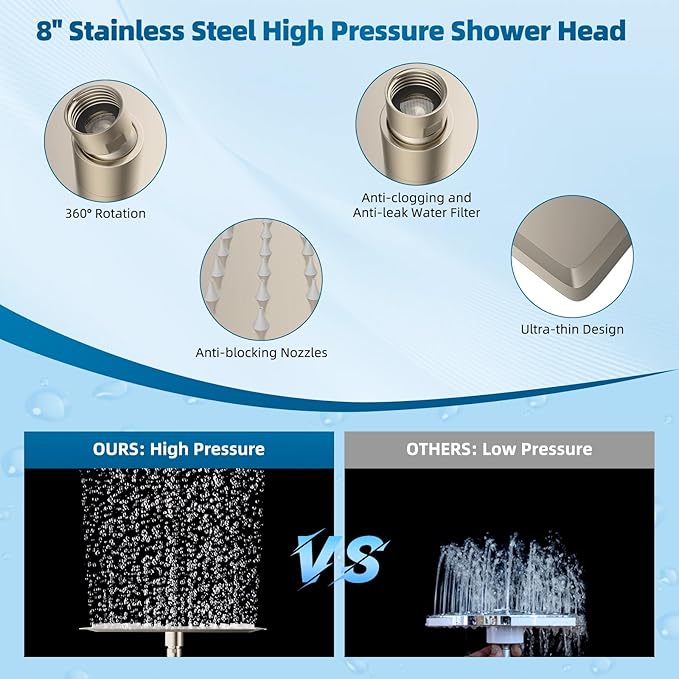 Hibbent All Metal Shower Head, 8'' High Pressure Rain Shower Head/Handheld Showerhead Combo with 16'' Adjustable Arc-shaped Extension Arm, 10 Sprays, 71'' Hose, Showerhead Holder, Brushed Nickel