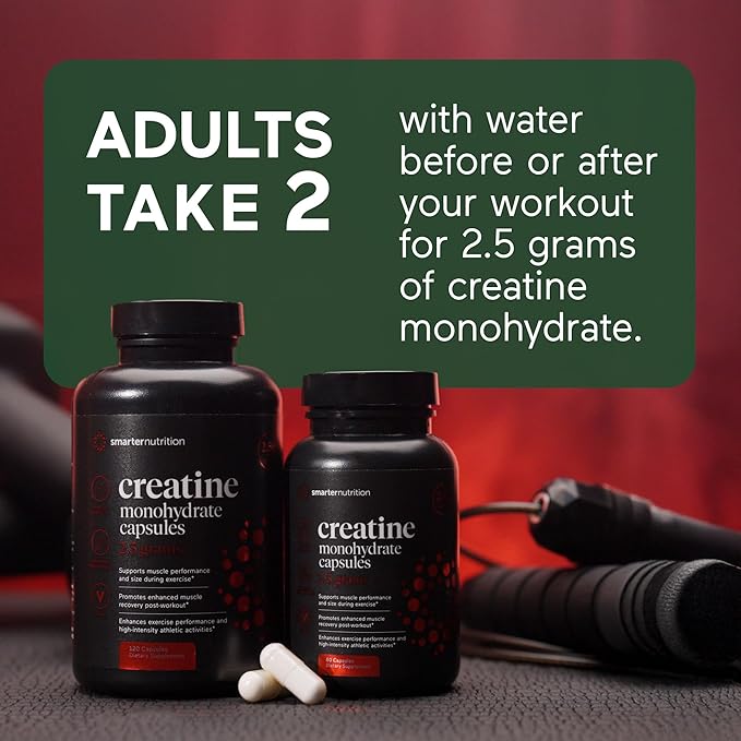 SMARTERNUTRITION Creatine Monohydrate Pills with 2500mg (2.5g) Per Serving, Vegan Capsules - Pre & Post Workout Recovery Support, Promotes Muscle Mass &. Endurance - 120 Count[60-Day Supply]