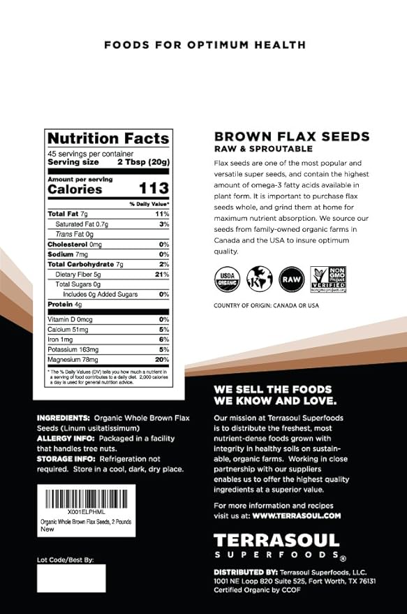 Terrasoul Superfoods Organic Brown Flax Seeds, 2 Pound