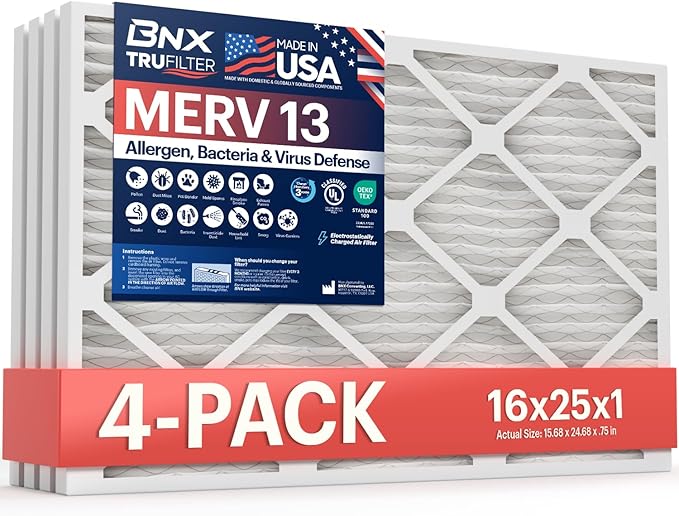 BNX TruFilter 16x25x1 Air Filter MERV 13 (4-Pack) - MADE IN USA - Electrostatic Pleated Air Conditioner HVAC AC Furnace Filters for Allergies, Pollen, Mold, Bacteria, Smoke, Allergen, MPR 1900 FPR 10