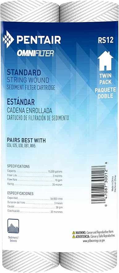 Pentair OMNIFilter RS12 Sediment Water Filter, 10-Inch, Standard Whole House String Wound Sediment Replacement Filter Cartridge, 10" x 2.5", 20 Micron, Pack of 2