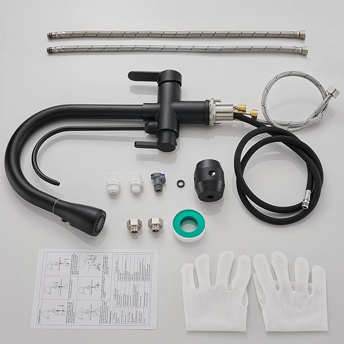 3 in 1 Kitchen Faucet with Drinking Water Faucet, 18 inch Pull Down Spray Kitchen Sink Faucet Filter Faucet (Matte Black)