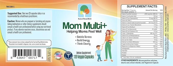 Mom Multi+ Daily Multivitamin for Women with Active Folate, Adaptogens & Bacopa, Energy, Stress & Cognitive Support, 120 Veggie Capsules