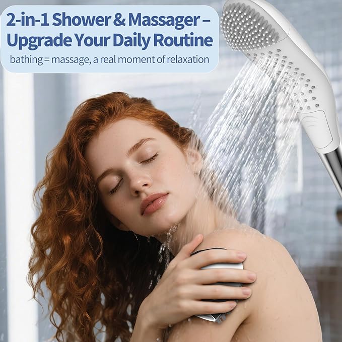 2-in-1 Shower Head with Detachable Massager, High Pressure Shower Heads, 4 Spray & 9 Massage Modes, Handheld Massager for Neck Back Body, Premium Bathroom Upgrade&Home Spa Experience
